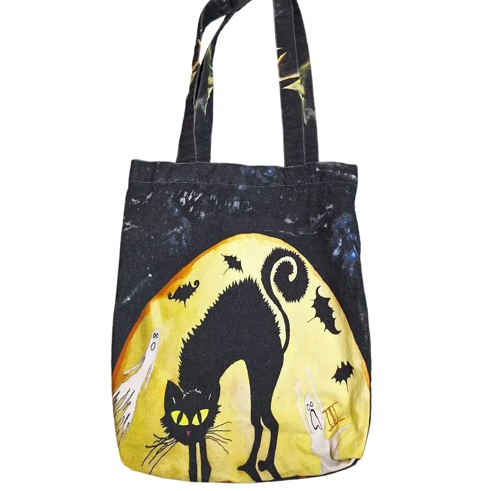 Black cat ghosts witch holloween whimsygoth canvas tote bag spooky full moon bat